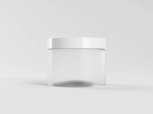 3d weergave van glazen matte pot met leeg etiket. Make-up of huidverzorging cosmetica. Witte deksel in en witte studio achtergrond. Mockup van e-commerce — Stockfoto