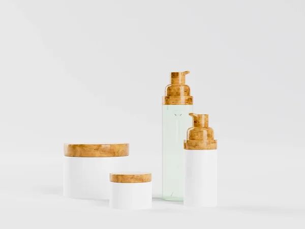 3d conjunto de renderização de garrafas para loção natural, creme ou soro cosmético. Tampa de bambu de madeira Eco. Recipientes vazios Mockup de produtos de autocuidado — Fotografia de Stock