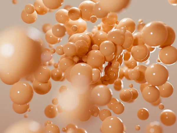 3D-weergave van oranje glanzende ballen die rondzweven. Abstracte samenstelling van collageenbellen of stamcellen — Stockfoto