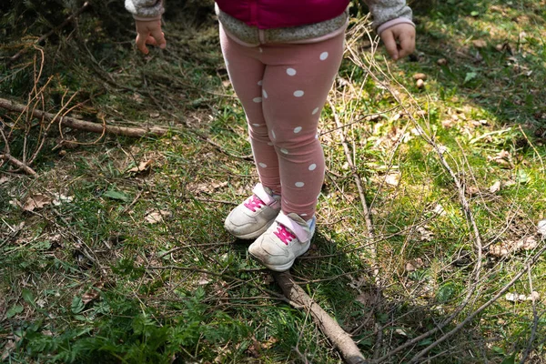 Close up of child girl legs in forest. Hiking with children on nature, outdoors trail for kids. Health and sport of hikers — Stock Fotó