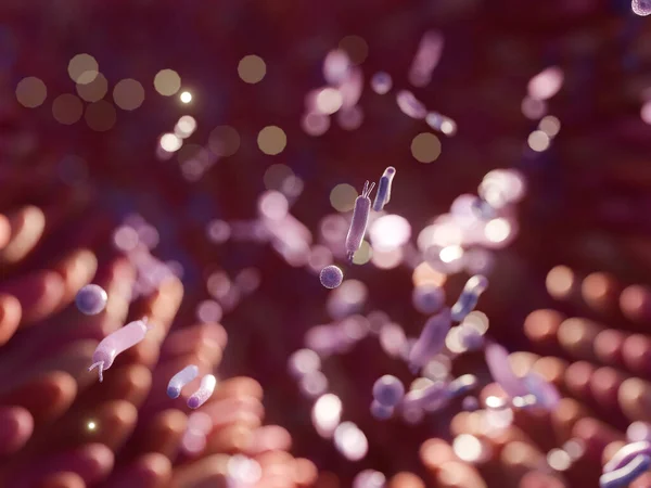 Mikrobiyom bağırsak fabrikaları ve mikrobiyota. Gut Health 3D görüntüleme. Bağırsakları fabrikalı Microvilli. 
