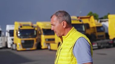 Olgun orta yaşlı bir adam güneşli bir günde kamyonların önünde durmuş konuşuyor. Depo ya da sürücü müdürü