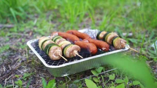 Mature Woman Years Old Eating Grilled Vegetables Wooden Skewers Outdoors — Stock Video