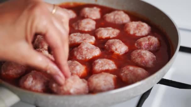 미트볼은 팬에서 요리를 합니다 쇠고기 닭고기 돼지고기 요리에는 도마도 고품질 — 비디오