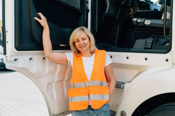Middle age truck driver woman, trucker occupation in Europe for females. High quality 4k footage