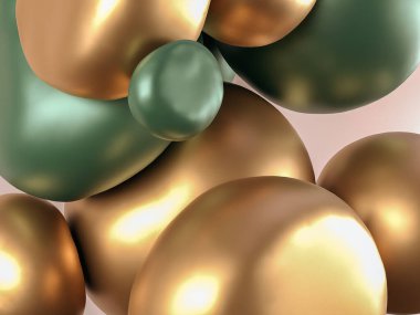 Arka plan 3D altın ve yeşil yumuşak vücut topları. Balon soyut arkaplan. Yüksek kalite 3d illüstrasyon