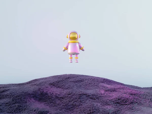 Renderizado Dibujos Animados Astronauta Volando Sobre Tierra Púrpura Concepto Viaje — Foto de Stock