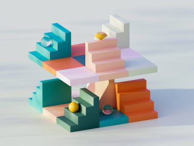 Üç boyutlu soyut merdiven kompozisyonu, toplar ve elmaslar. Pastel renkler. Yüksek kalite 3d illüstrasyon