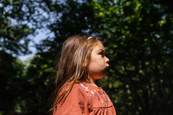 Preschool Caucasian Girl Side View Forest Green Leaves Trees Hiking — Fotografia de Stock