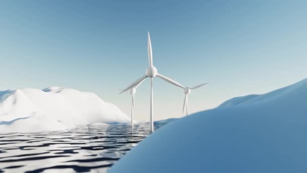Три Вітрові Турбіни Водному Арктичному Ландшафті Візуалізація Сталої Енергії Високоякісні — стокове відео