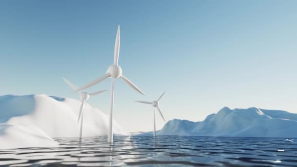 Three Wind Turbines Water Arctic Landscape Render Sustainable Energy High — Stok video