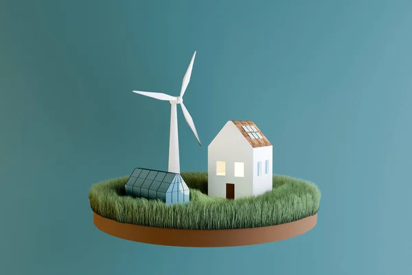 風力タービンと緑の家にソーラーパネル付きの家 高品質の3Dイラスト — ストック写真