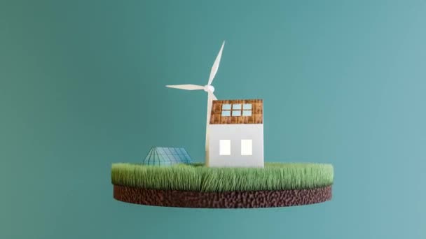 Будинок Сонячними Панелями Даху Вітровою Турбіною Анімацією Циклу Зеленого Будинку — стокове відео