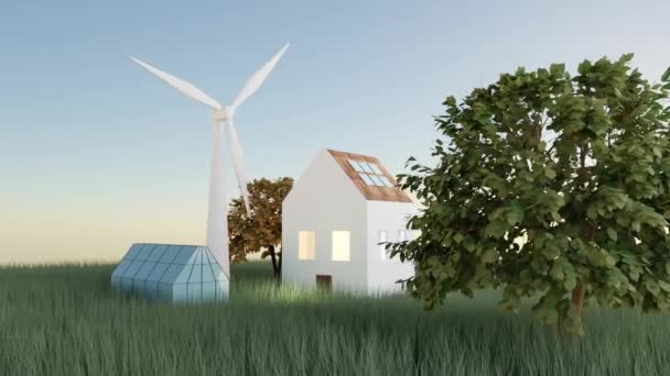 Casa Com Painéis Solares Telhado Turbina Eólica Animação Loop Casa — Vídeo de Stock