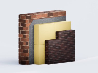 3 boyutlu duvar yalıtımı. Enerji tasarrufu için termal materyaller. Yüksek kalite 3d illüstrasyon