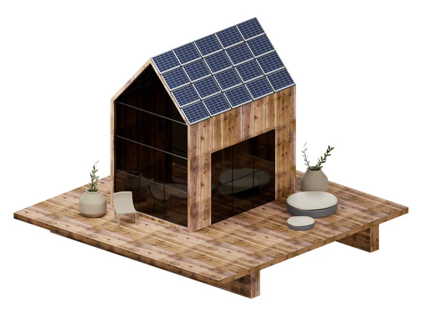 Renderizado Madera Que Albergan Cabina Modular Con Terraza Paneles Solares — Foto de Stock