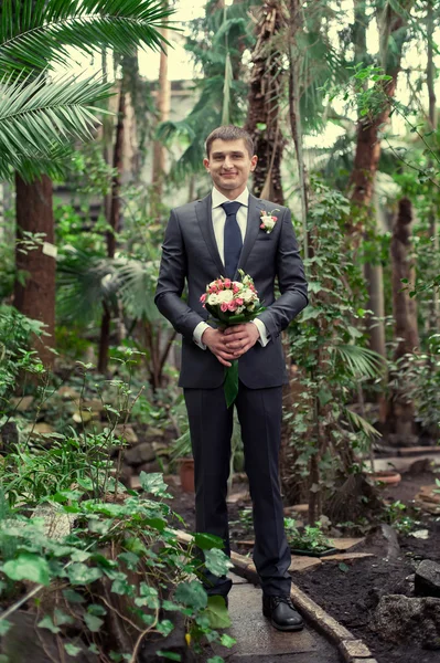 Retrato de un novio guapo en su celebración de boda . —  Fotos de Stock