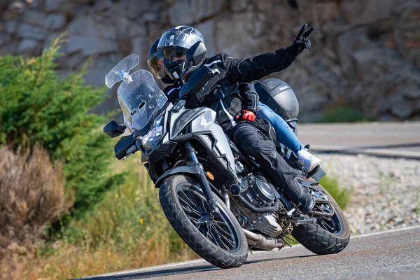 Motociclista Que Circula Com Veículo Através Porto Navalmoral Localizado Província — Fotografia de Stock