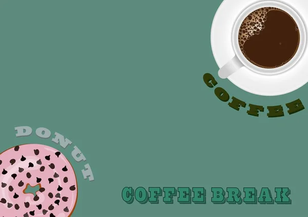 Coffee White Mug Donut Strawberries Chocolate Chips Topping Green Background — Zdjęcie stockowe