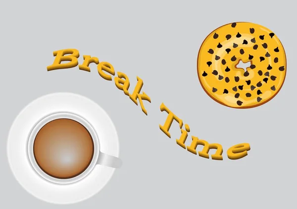 Coffee Mug Donut Caramel Chocolate Chips Topping Phrase Break Time — Stok fotoğraf