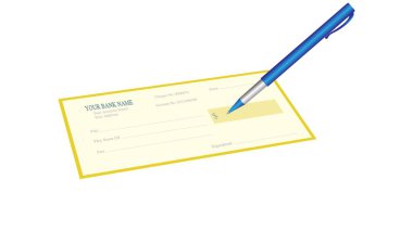 Cheque book in Black and brown color with Bright blue and silver pen in white background 