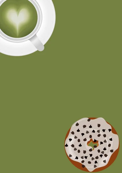 Зеленый Чай Горячий Белый Кружка Пончик Белый Крем Глазури Шоколадные — стоковое фото
