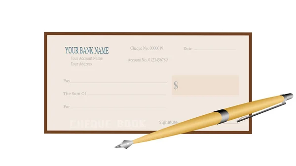 Cheque book in brown color with yellow and silver pen in white background