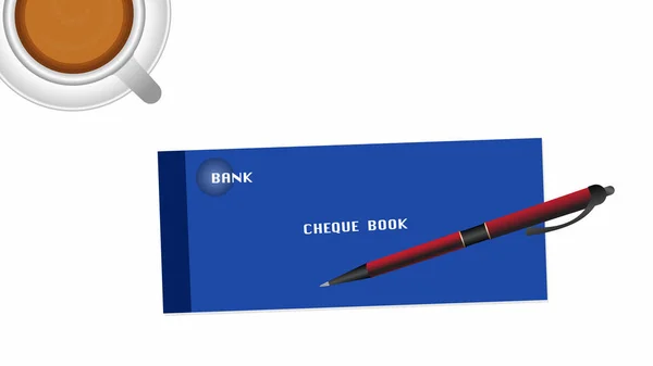 Cheque Book Blue Color Red Black Colors Pen Hot Coffee — Zdjęcie stockowe