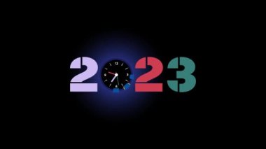 2023 Happy new year with blue and yellow wall clock moving needle time tickstok