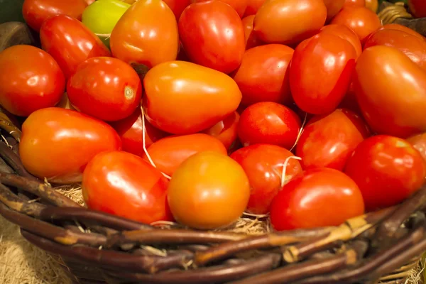 Basket of roma tomatoes at market — Stock Photo, Image