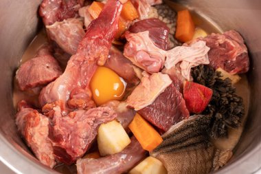 Kapalı metal evcil hayvan kasesi tavuk boynu, et ve kemik, göbek, çiğ yumurta ve havuç parçaları. Köpek konsepti için doğal organik günlük yemek hazırlığı. Boşluğu kopyala.