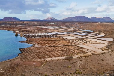İspanya 'nın Lanzarote adasındaki Janubio tuz düzlüklerinin panoramik görüntüsü