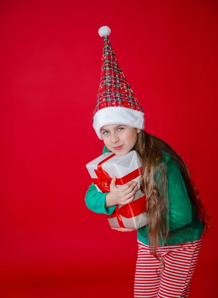 Elfe Fille Avec Des Cadeaux Santa Claus Helper Sur Fond — Photo