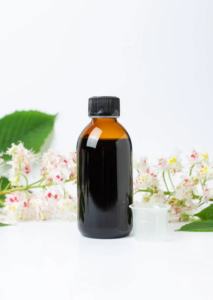 Bottle Horse Chestnut Extract Essence Chestnut Flowers Flowering Branches Leaves — Stock Photo, Image