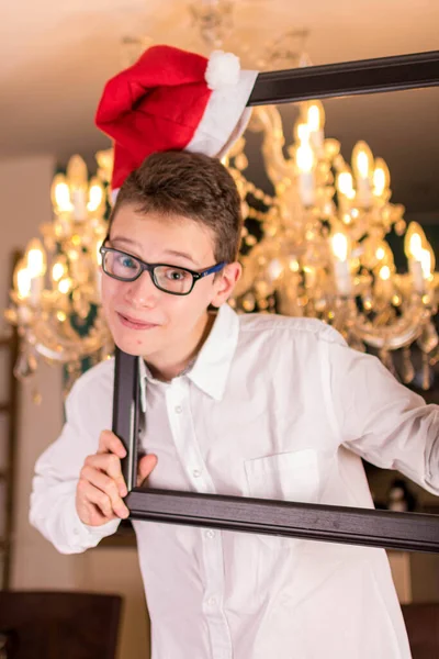 Boy Glasses White Shirt Front Festive Candlestick Christmas Hat — Stock Photo, Image