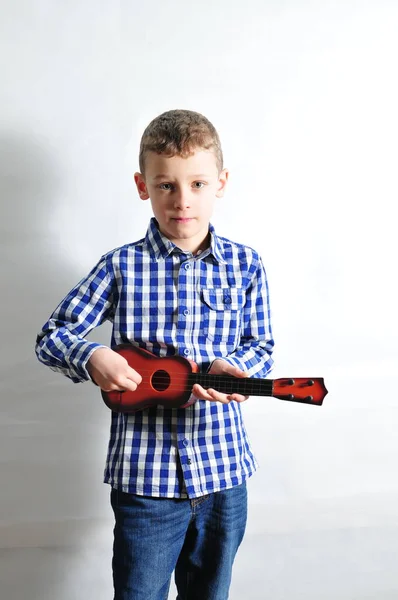 Child Blue Shirt Guitar Portrait Format — Stock Photo, Image