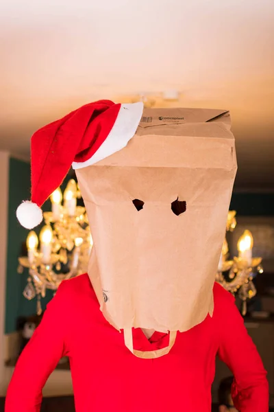 Person Brown Bag Head Front Christmas Lighting — Stock Photo, Image