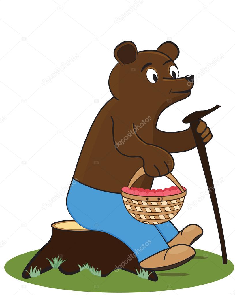 Glad bear sits on stump with basket of raspberries