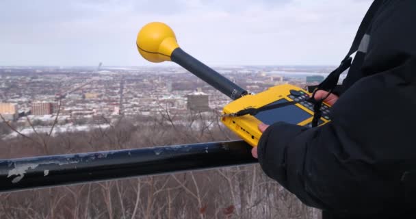 Montreal Kanada Circa Szeptember 2020 Adatelemző Aki Egy Város Felett — Stock videók