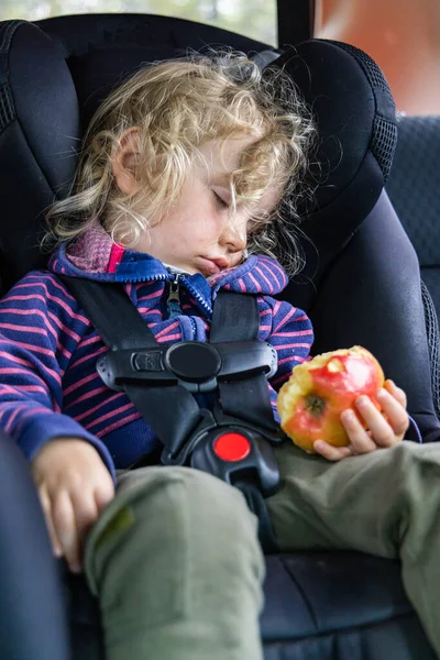Menino Adorável Três Anos Idade Visto Dormindo Assento Segurança Infantil — Fotografia de Stock