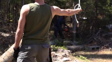 Ağaçlık alandaki olgun bir çam ağacına ip bağlayan bir orman işçisinin arka kısmındaki yavaş çekim klipsi düşme yönünü kontrol etmek için kullanılır..