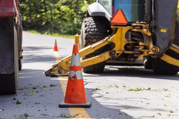 Closeup Selective Focus View Traffic Cone Closed Road Aftermath Windy Stock Photo