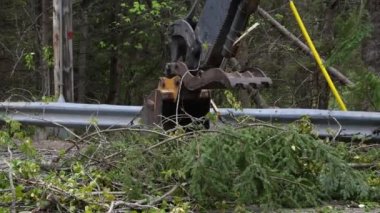 Yakından çekilen görüntüler hidrolik kazıcı kolunun hareket eden mekanik parçalarını güçlü rüzgarlar yol tehlikesi yarattıktan sonra çam ağacı dallarını oyduğunu gösteriyor..