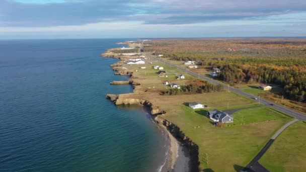 Stunning Drone Video Rugged Coastline Caraquet Canada Residential Homes Sea — Stockvideo