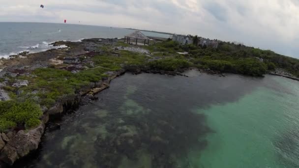 Drone Footage Coastal Rocks Separating Caribbean Ocean Small Lagoon Quintana — Stockvideo