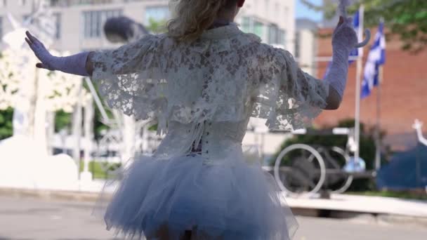Selective Focus Slow Motion Video Rear Ballerina Street Performer White — Vídeos de Stock