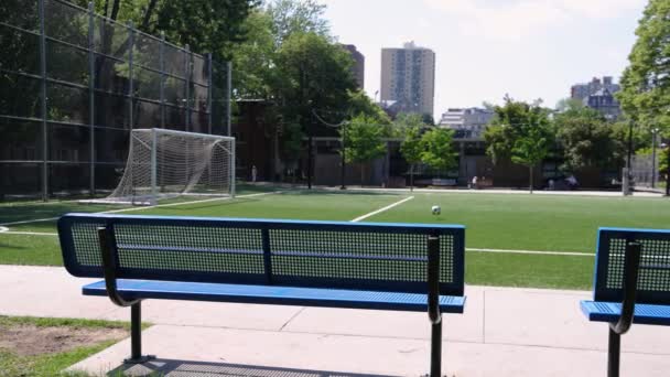 Selective Focus Slow Clip Park Benches Side City Football Pitch — Stockvideo