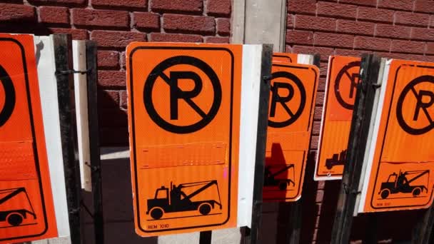 Slow Motion Movie Showing Lots Parking Signage Street Furniture Stored — Vídeos de Stock