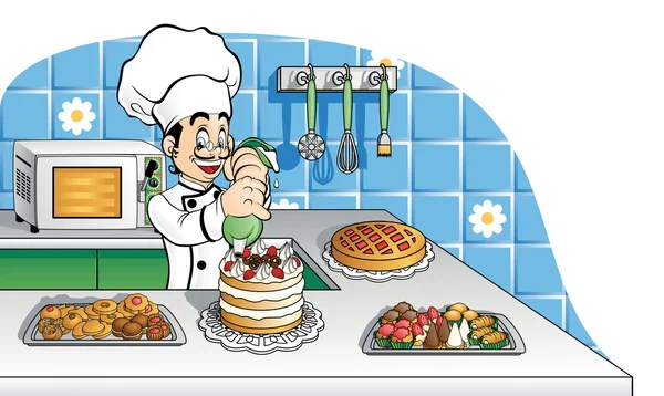 Joyeux chef pâtissier au travail — Image vectorielle