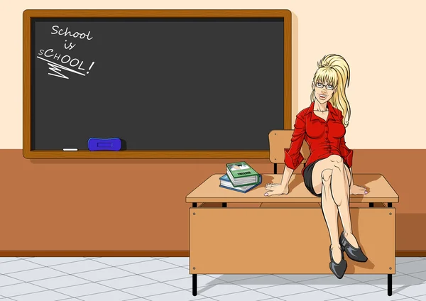 Profesora bonita sentada en el escritorio — Vector de stock